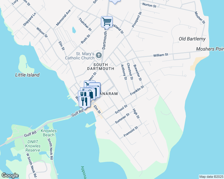 map of restaurants, bars, coffee shops, grocery stores, and more near 37 Bridge Street in Dartmouth