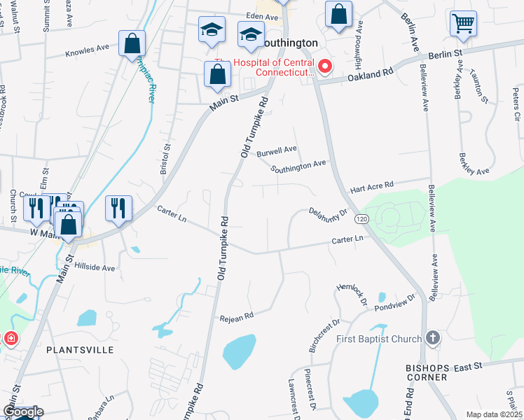 map of restaurants, bars, coffee shops, grocery stores, and more near 26 Coolidge Street in Southington