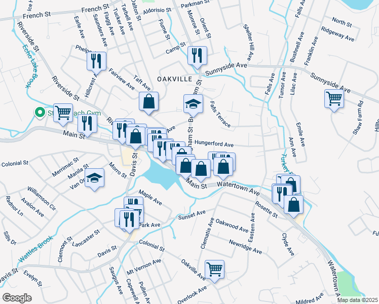 map of restaurants, bars, coffee shops, grocery stores, and more near 71 Buckingham Street in Watertown