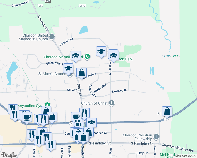map of restaurants, bars, coffee shops, grocery stores, and more near 138 Chardon Avenue in Chardon