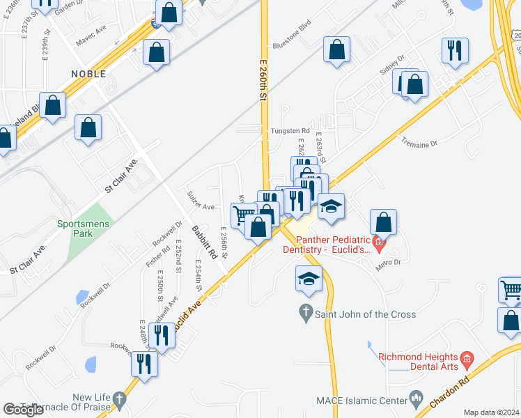 map of restaurants, bars, coffee shops, grocery stores, and more near 1545 East 260th Street in Euclid