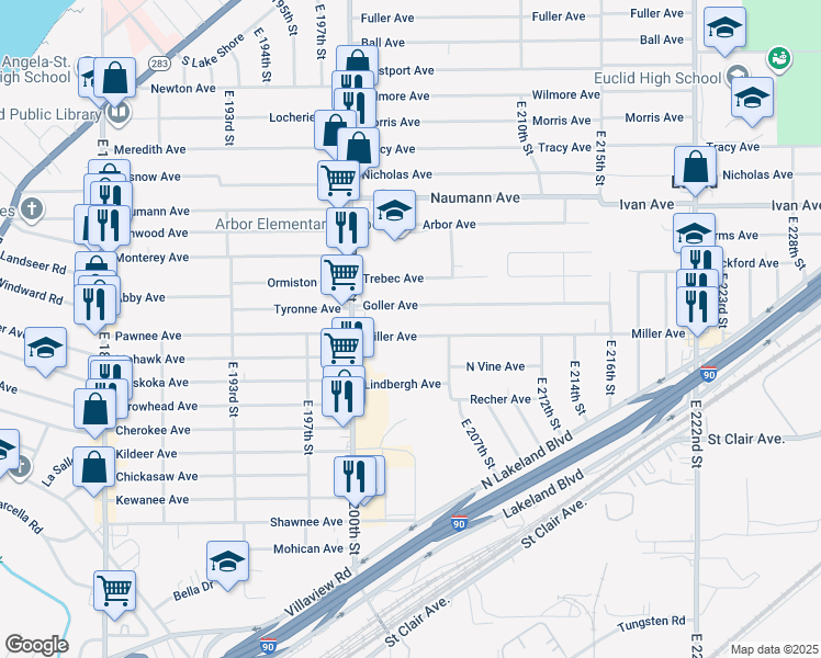 map of restaurants, bars, coffee shops, grocery stores, and more near 20271 Miller Avenue in Euclid