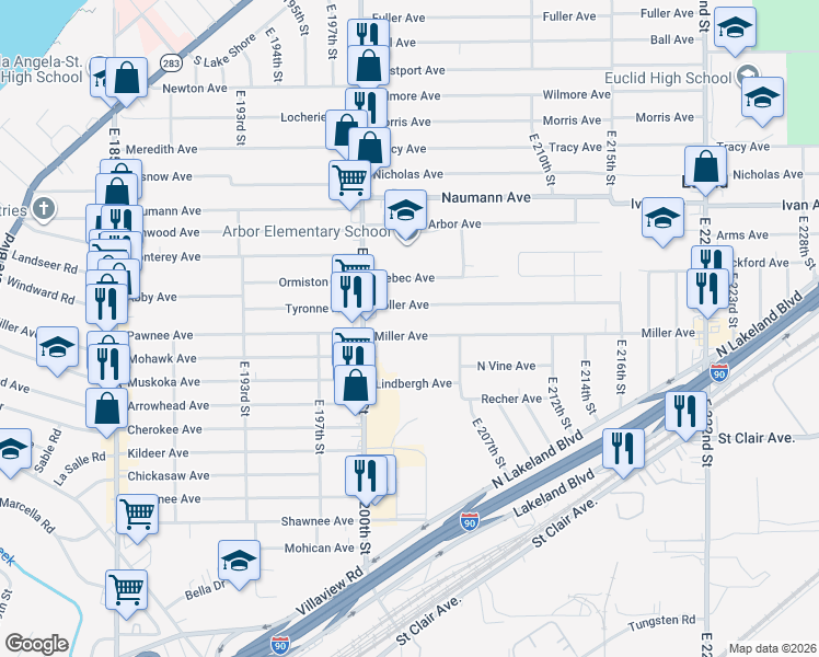 map of restaurants, bars, coffee shops, grocery stores, and more near 20271 Miller Avenue in Euclid