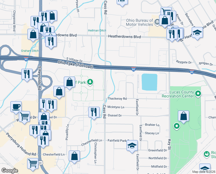 map of restaurants, bars, coffee shops, grocery stores, and more near 2232 Cass Road in Maumee