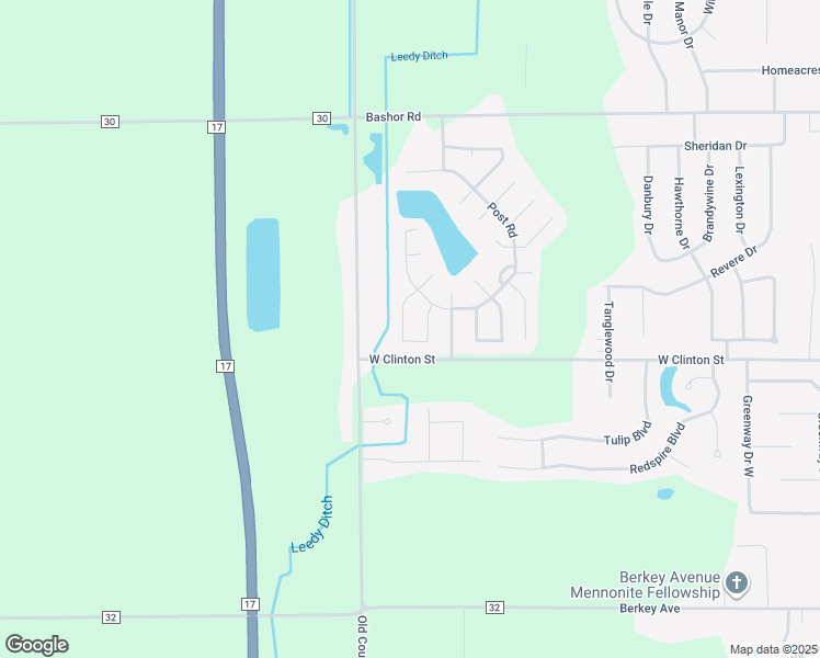map of restaurants, bars, coffee shops, grocery stores, and more near 62420 Old County Road 17 in Goshen
