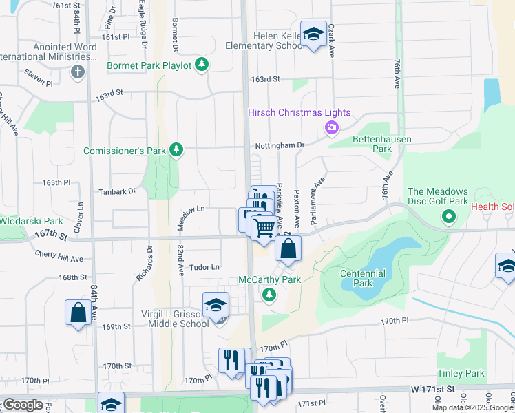map of restaurants, bars, coffee shops, grocery stores, and more near 16622 Crescent Avenue in Tinley Park