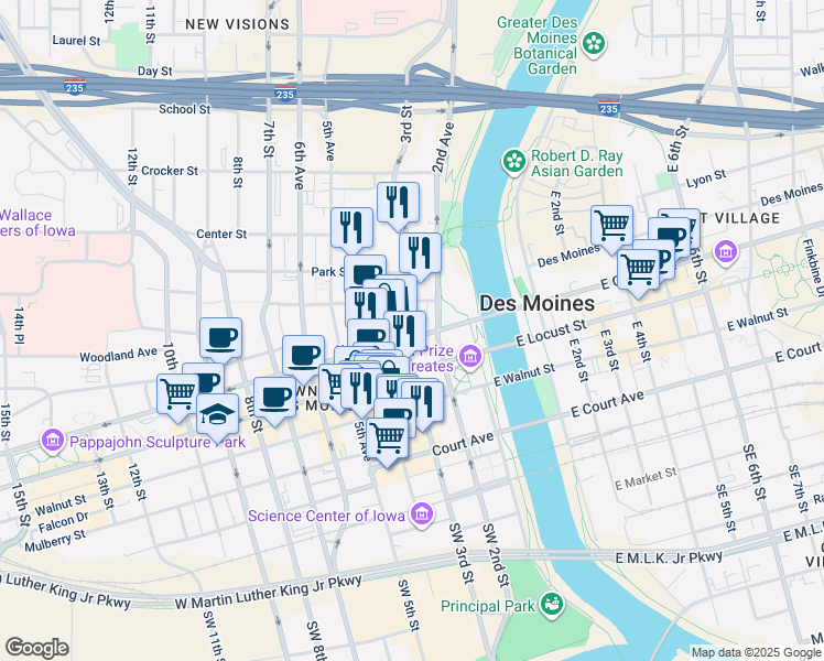 map of restaurants, bars, coffee shops, grocery stores, and more near 203 Grand Avenue in Des Moines
