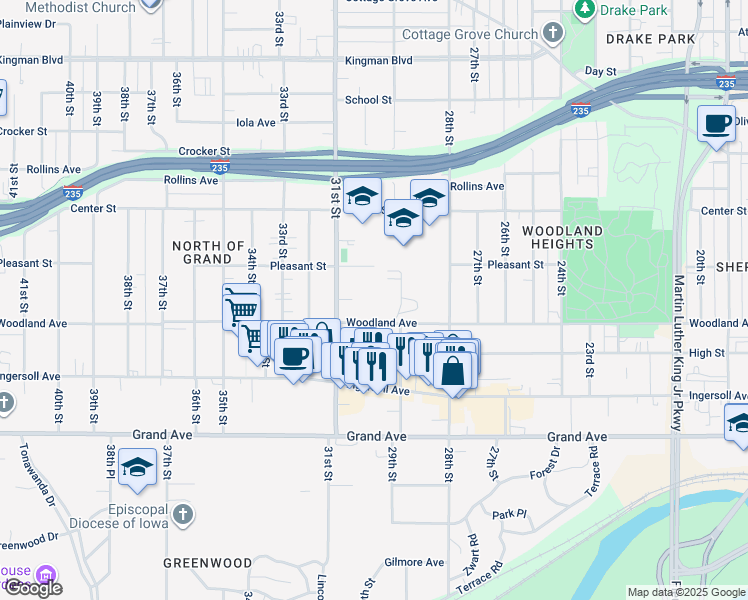 map of restaurants, bars, coffee shops, grocery stores, and more near 2925 Woodland Avenue in Des Moines