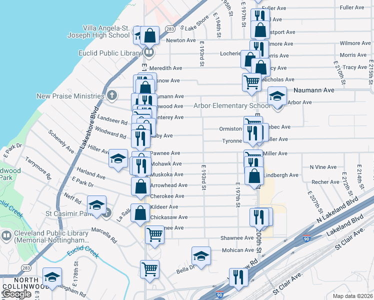 map of restaurants, bars, coffee shops, grocery stores, and more near 19013 Pawnee Avenue in Cleveland