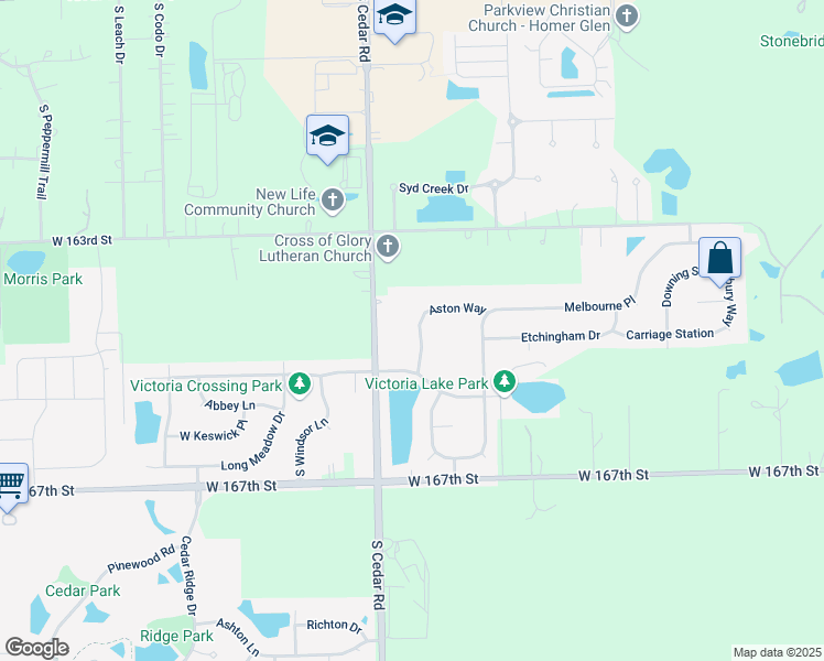 map of restaurants, bars, coffee shops, grocery stores, and more near 16412 Newcastle Way in Lockport