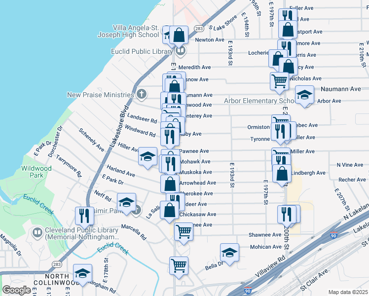 map of restaurants, bars, coffee shops, grocery stores, and more near 18519 Pawnee Avenue in Cleveland