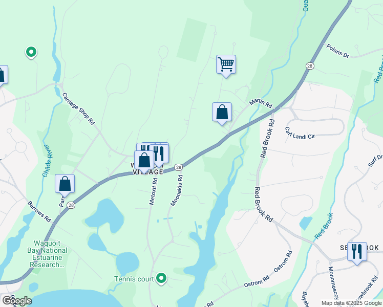 map of restaurants, bars, coffee shops, grocery stores, and more near 586 Waquoit Highway in Falmouth