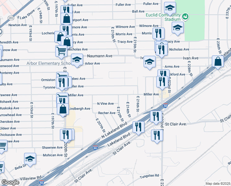map of restaurants, bars, coffee shops, grocery stores, and more near 21141 Miller Avenue in Euclid