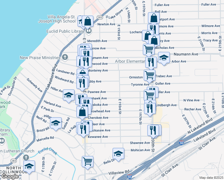 map of restaurants, bars, coffee shops, grocery stores, and more near 19013 Pawnee Avenue in Cleveland