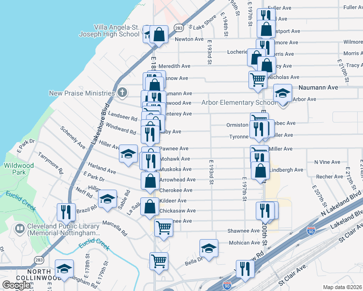 map of restaurants, bars, coffee shops, grocery stores, and more near 18801 Pawnee Ave in Cleveland
