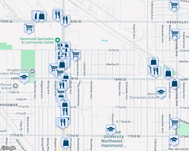 map of restaurants, bars, coffee shops, grocery stores, and more near 6836 Forestdale Avenue in Hammond