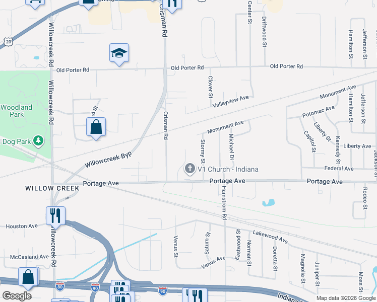 map of restaurants, bars, coffee shops, grocery stores, and more near 2189 Crisman Road in Portage