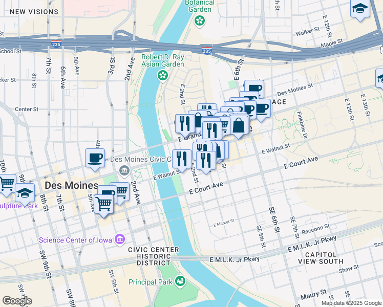 map of restaurants, bars, coffee shops, grocery stores, and more near 295 East 2nd Street in Des Moines