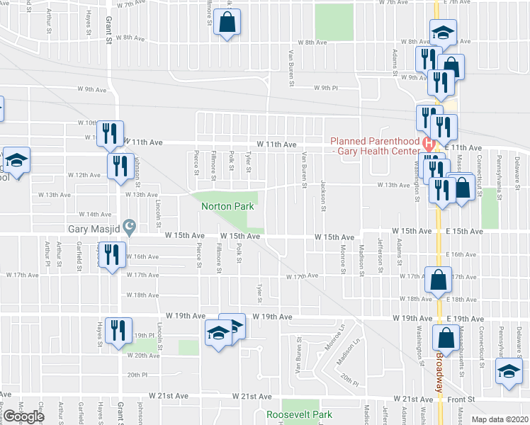 map of restaurants, bars, coffee shops, grocery stores, and more near 1300 Harrison Boulevard in Gary