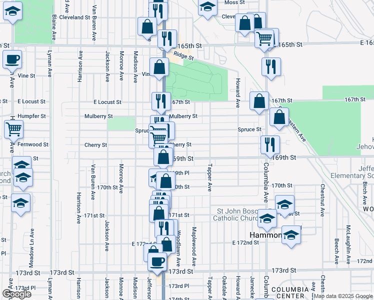 map of restaurants, bars, coffee shops, grocery stores, and more near 904 Cherry Street in Hammond