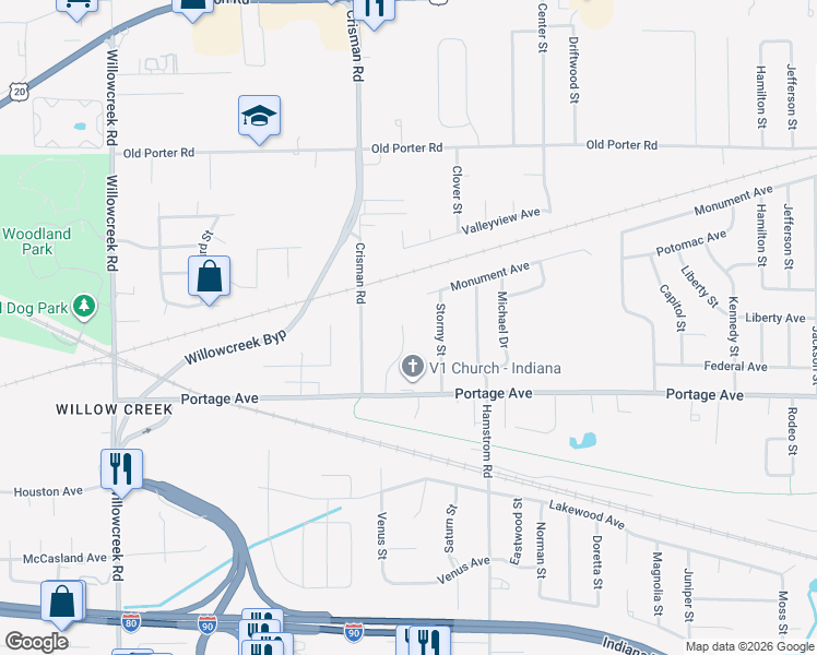 map of restaurants, bars, coffee shops, grocery stores, and more near 2189 Crisman Road in Portage