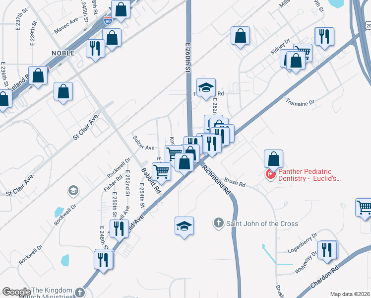 map of restaurants, bars, coffee shops, grocery stores, and more near 1557 Knuth Avenue in Euclid