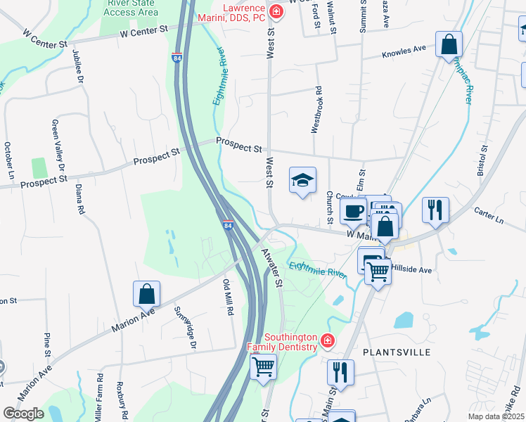 map of restaurants, bars, coffee shops, grocery stores, and more near 24 West Street in Southington