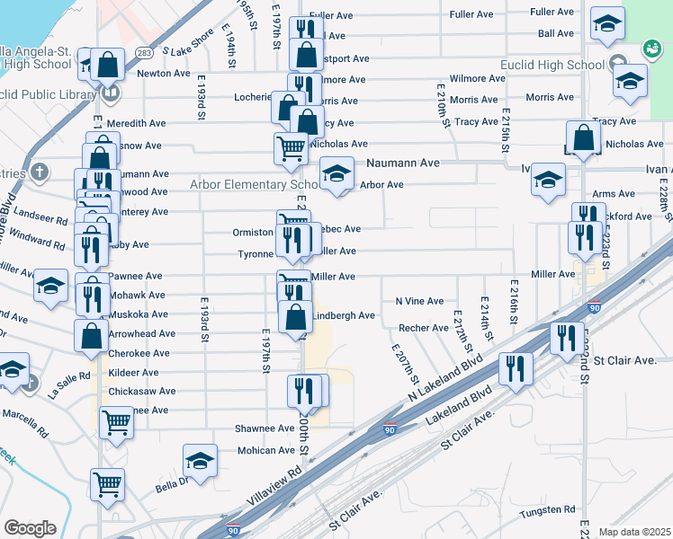 map of restaurants, bars, coffee shops, grocery stores, and more near 20271 Miller Ave in Euclid