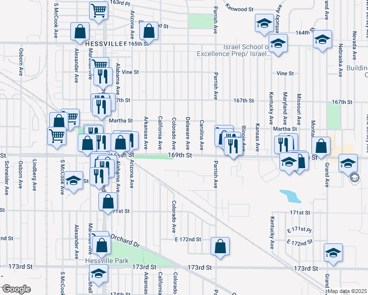 map of restaurants, bars, coffee shops, grocery stores, and more near 6846 Delaware Avenue in Hammond