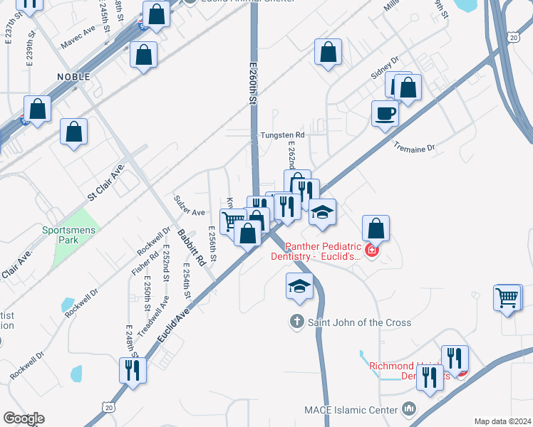 map of restaurants, bars, coffee shops, grocery stores, and more near 1545 E 260th St in Euclid