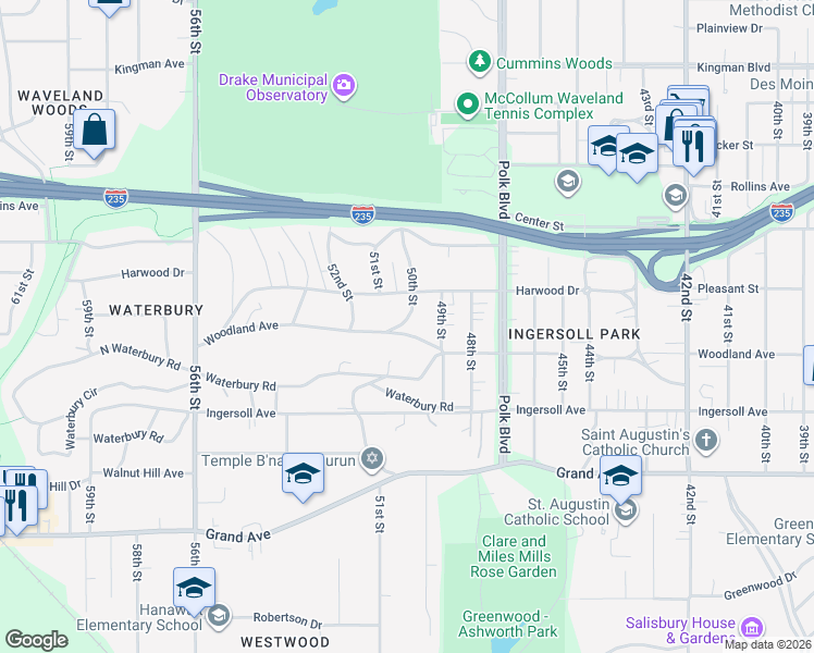 map of restaurants, bars, coffee shops, grocery stores, and more near 4933 Woodland Avenue in Des Moines