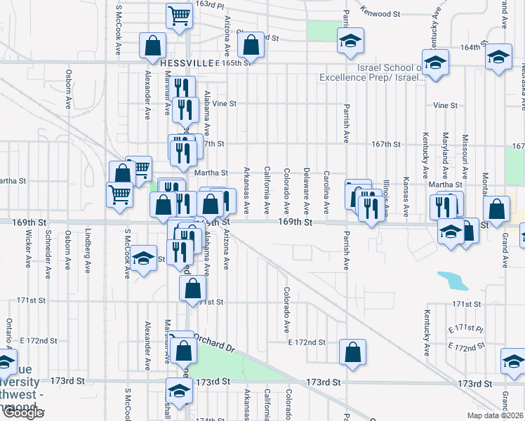 map of restaurants, bars, coffee shops, grocery stores, and more near 6847 Arkansas Avenue in Hammond