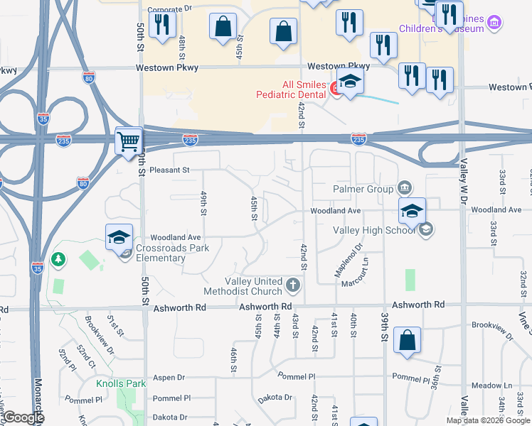 map of restaurants, bars, coffee shops, grocery stores, and more near 4403 Woodland Avenue in West Des Moines