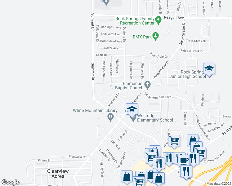 map of restaurants, bars, coffee shops, grocery stores, and more near 3221 Magnolia Drive in Rock Springs