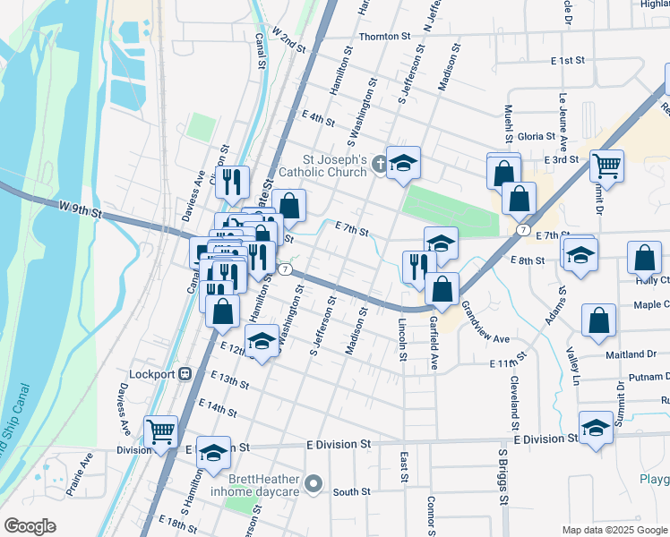 map of restaurants, bars, coffee shops, grocery stores, and more near 813 South Jefferson Street in Lockport