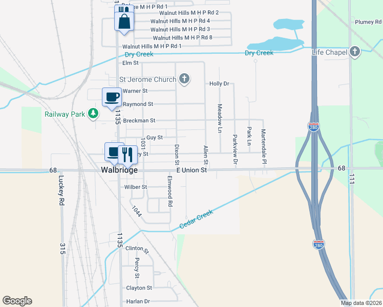 map of restaurants, bars, coffee shops, grocery stores, and more near 314 East Perry Street in Walbridge