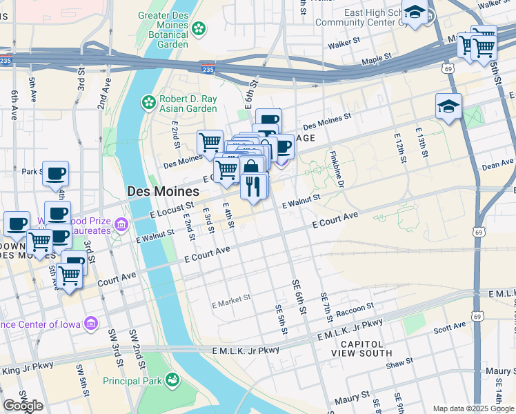 map of restaurants, bars, coffee shops, grocery stores, and more near 309 East 5th Street in Des Moines