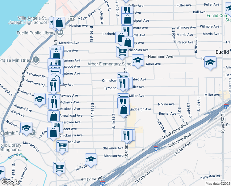 map of restaurants, bars, coffee shops, grocery stores, and more near 19711 Pawnee Avenue in Cleveland
