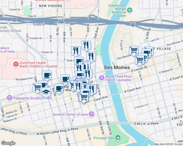 map of restaurants, bars, coffee shops, grocery stores, and more near 201 Grand Avenue in Des Moines