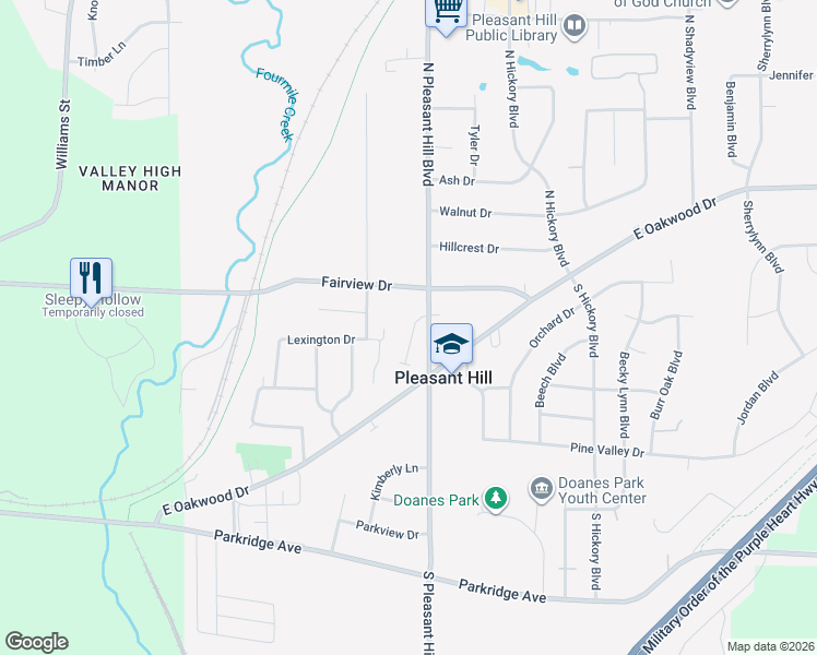 map of restaurants, bars, coffee shops, grocery stores, and more near 107 North Pleasant Hill Boulevard in Pleasant Hill
