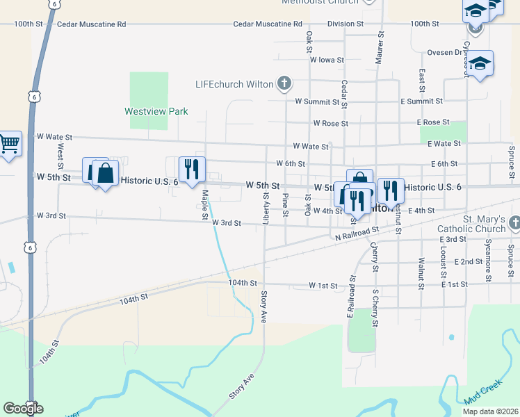 map of restaurants, bars, coffee shops, grocery stores, and more near 319 Liberty Street in Wilton