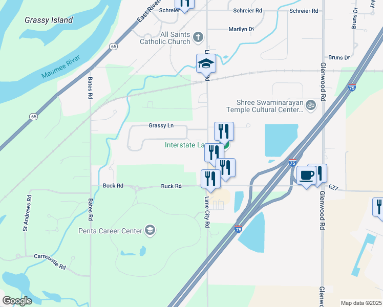 map of restaurants, bars, coffee shops, grocery stores, and more near 1231 Grassy Court in Rossford
