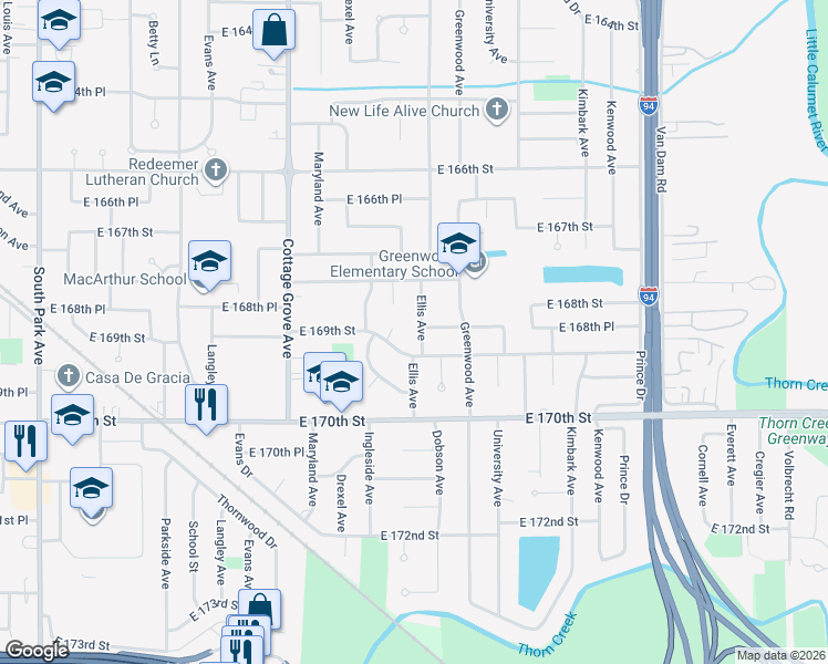 map of restaurants, bars, coffee shops, grocery stores, and more near 16848 Ellis Avenue in South Holland