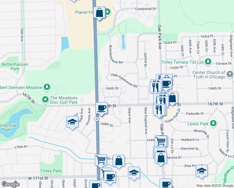 map of restaurants, bars, coffee shops, grocery stores, and more near 7100 Laverne Lane in Tinley Park