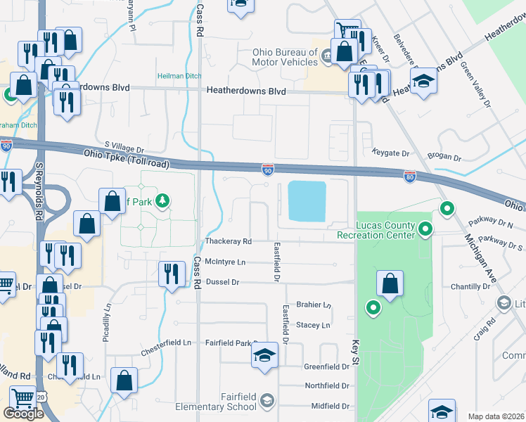 map of restaurants, bars, coffee shops, grocery stores, and more near 2230 Willowtree Lane in Maumee
