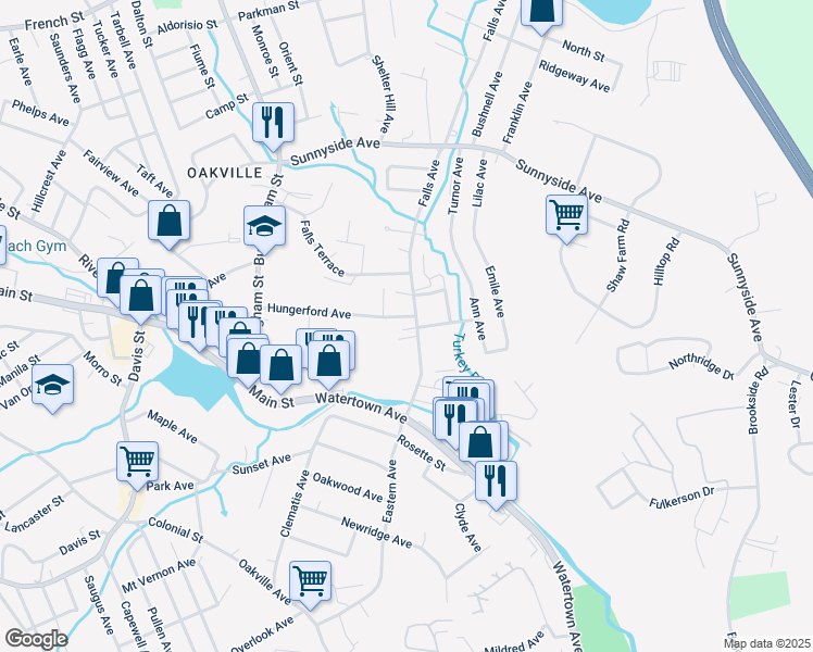 map of restaurants, bars, coffee shops, grocery stores, and more near 148 Hungerford Avenue in Watertown