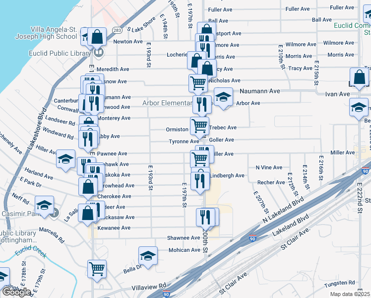 map of restaurants, bars, coffee shops, grocery stores, and more near 19711 Pawnee Avenue in Cleveland