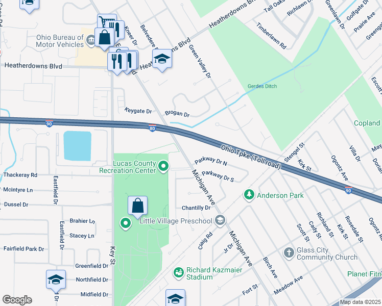 map of restaurants, bars, coffee shops, grocery stores, and more near 1713 Parkway Drive North in Maumee