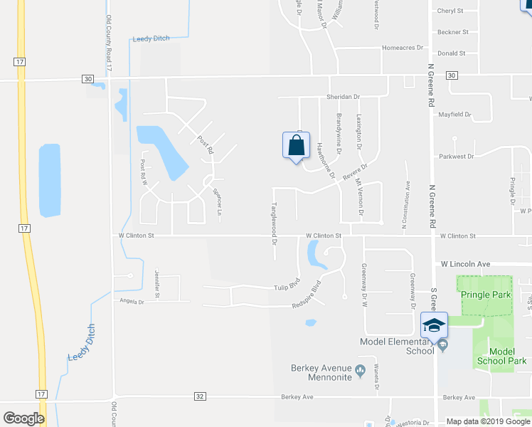 map of restaurants, bars, coffee shops, grocery stores, and more near 211 Tanglewood Drive in Goshen