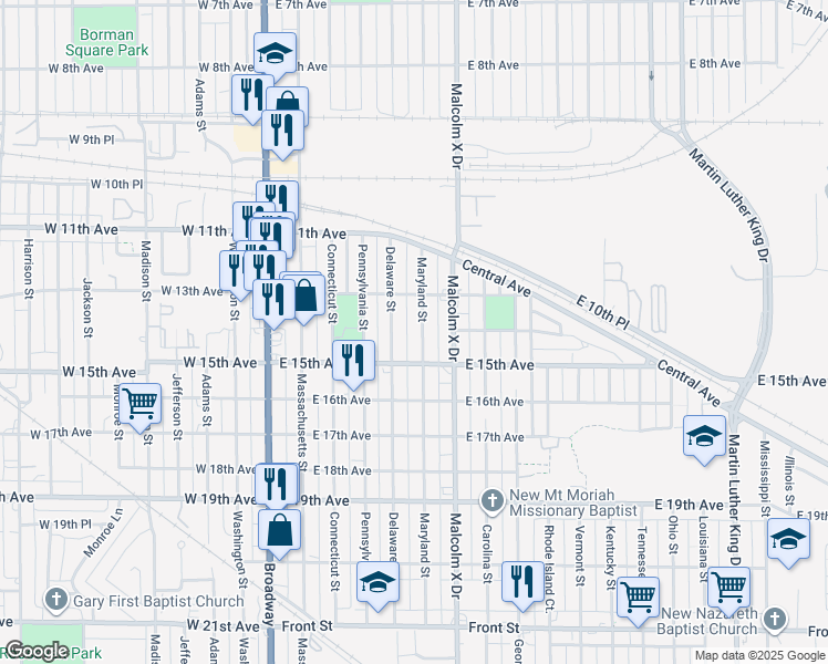 map of restaurants, bars, coffee shops, grocery stores, and more near 1400 Maryland St in Gary